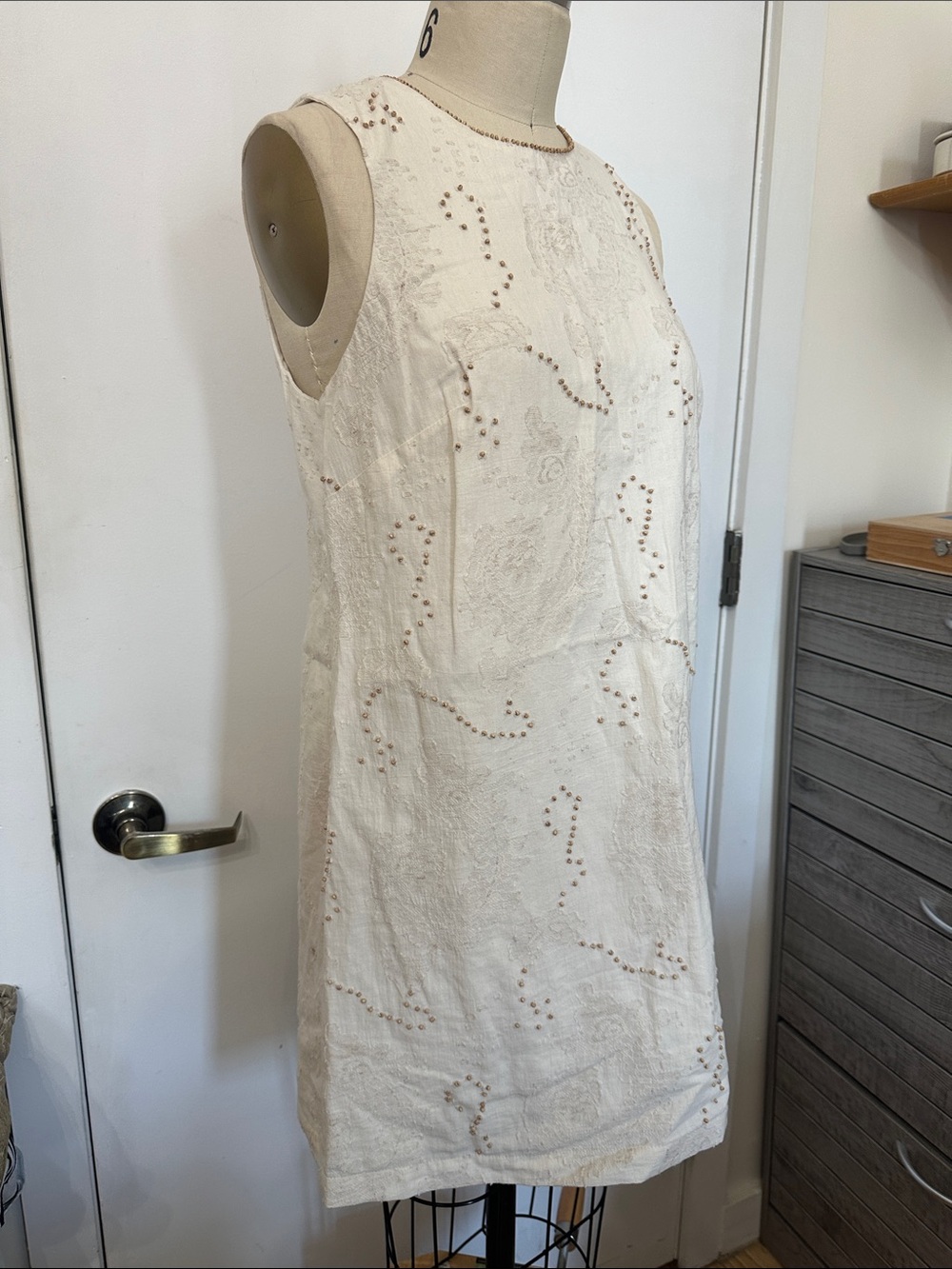 Cream Sleeveless Embellished Mini Dress